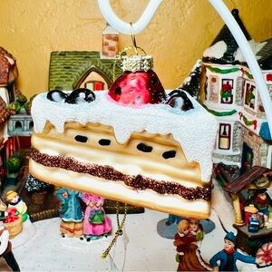 Christmas Cake Slice Glass Ornament Blueberry Strawberry Chocolate Icing